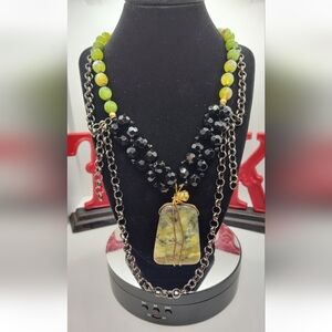 Artisan Green Stone & Black Crystal Necklace – 20" Wire Wrapped Pendant